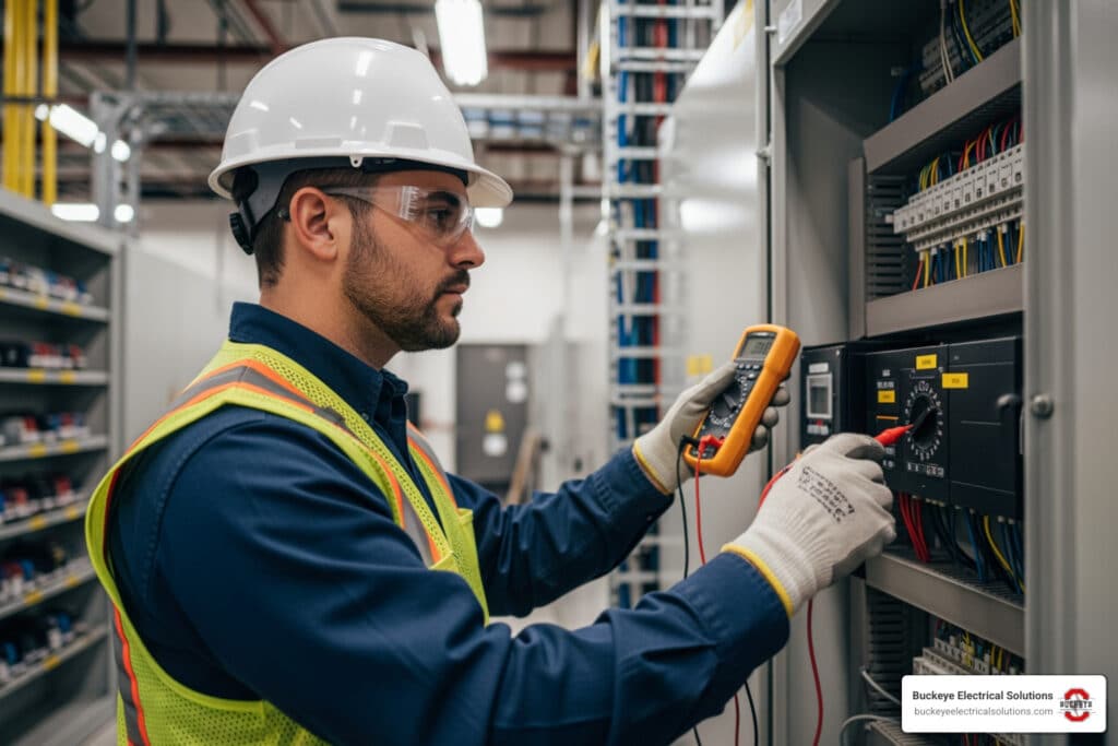 professional electrician performing diagnostic check on commercial distribution panel Ohio facility