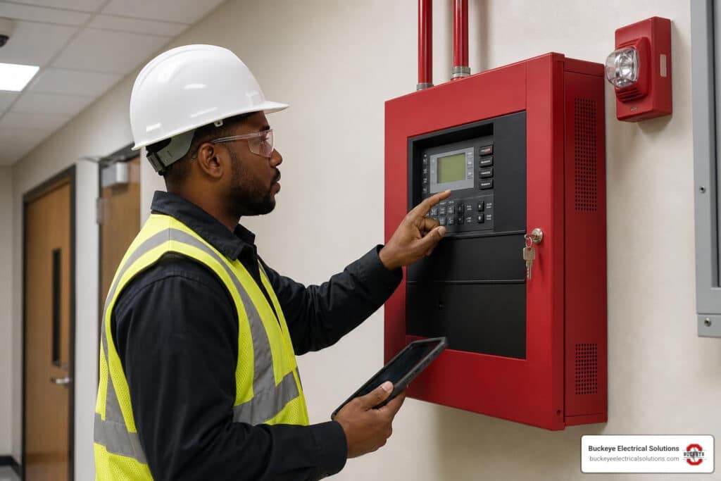 fire alarm checks technician inspecting commercial fire alarm control panel